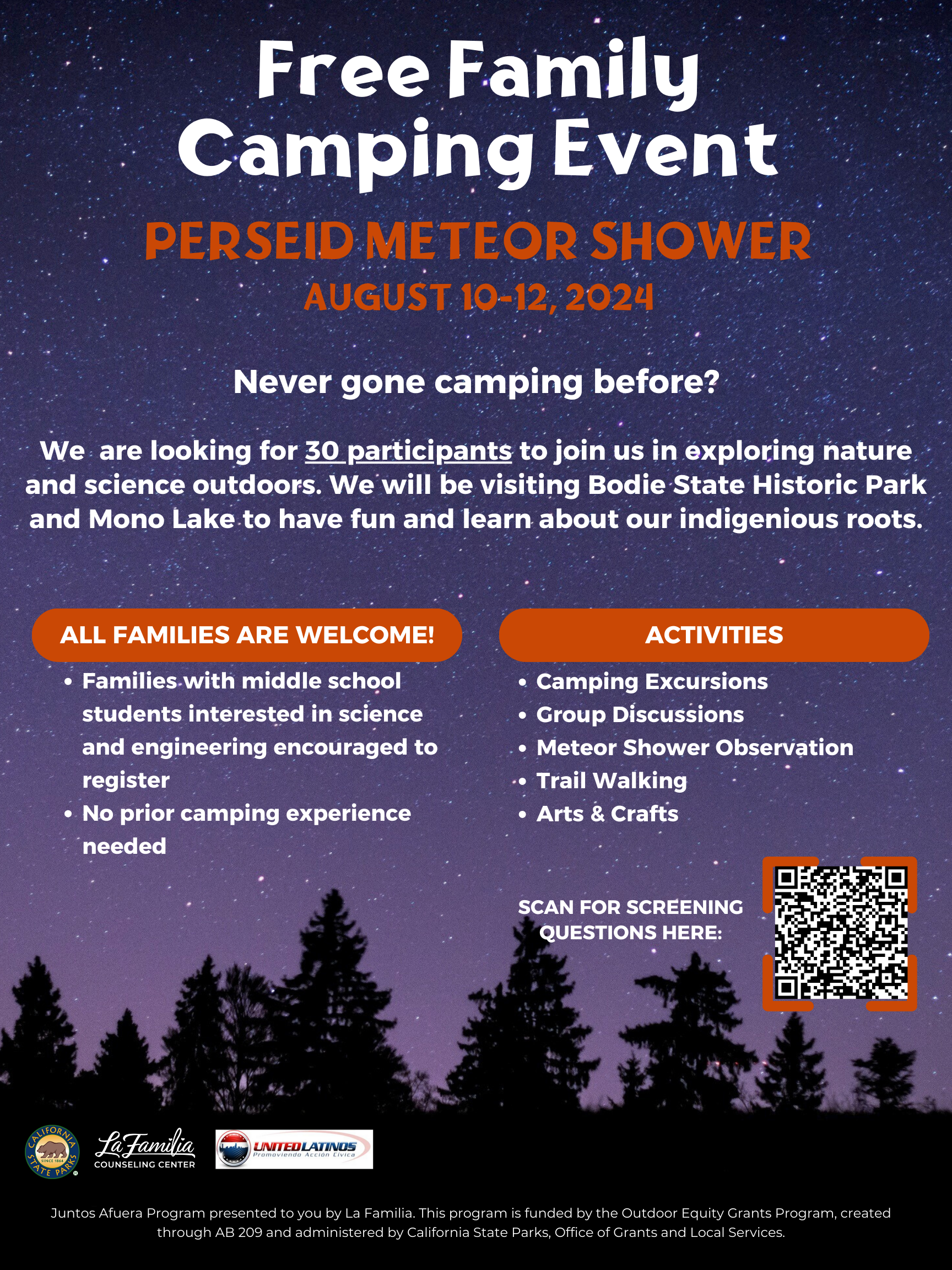 Juntos Afuera’s FREE Camping Trip August 10 – 12, 2024 – See the Perseid Meteor Shower!